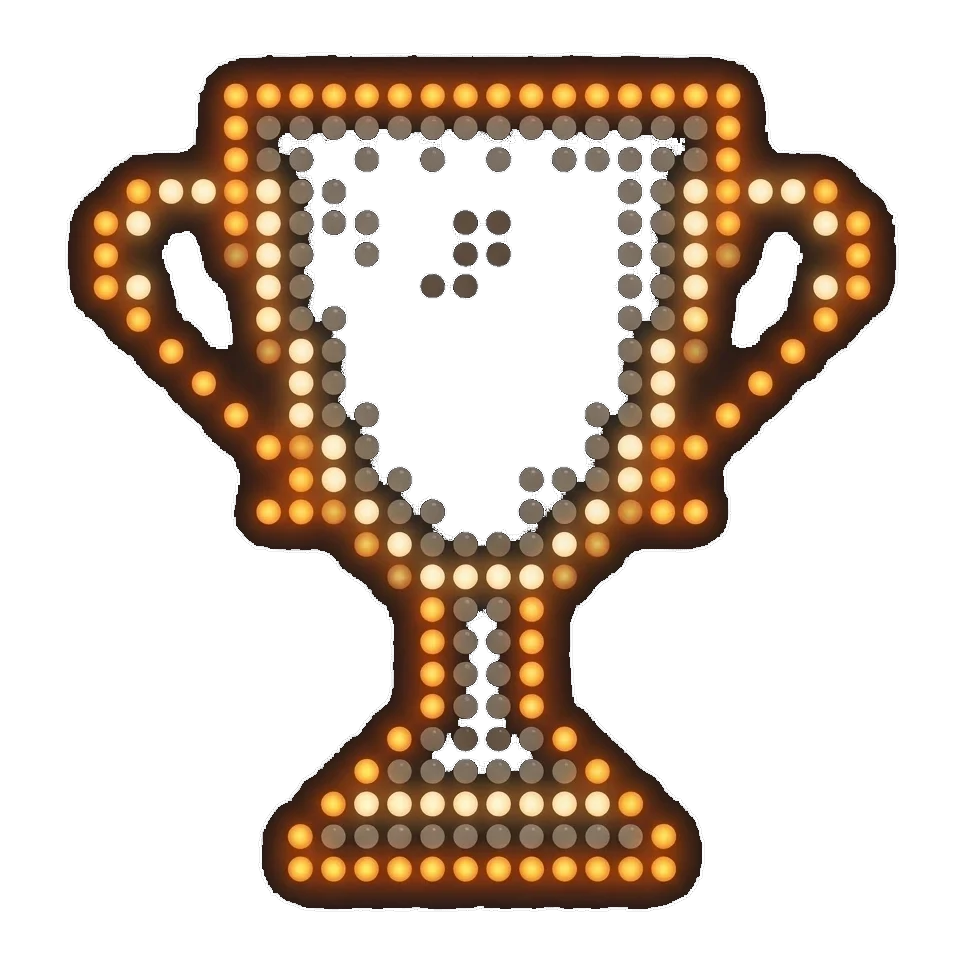 A trophy spelled out in lit amber bulbs
